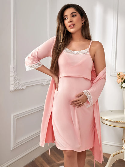 Pyjama de maternité  à dentelle, ensemble de 2 robes, chemise de nuit d'allaitement, tenue adaptée à l'allaitement, vêtement de maternité de printemps
