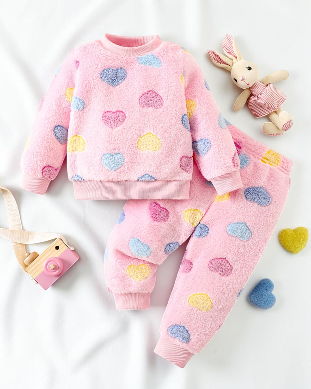 Ensemble pyjama deux pièces Le Cocon d'Or en flanelle rose douce avec imprimé cœurs colorés pour filles