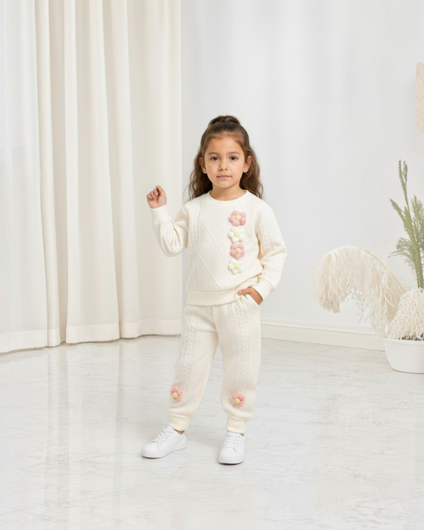 Ensemble en maille crème Le Cocon d'Or pour enfant avec détails de fleurs en relief sur le haut et le pantalon
