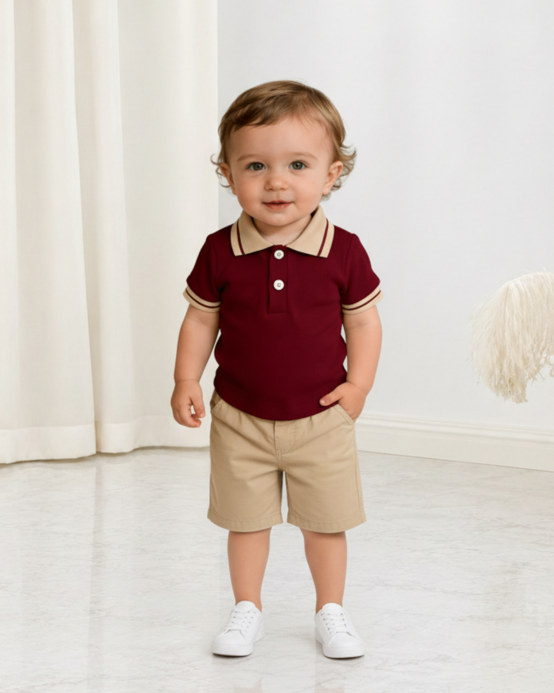 Bébé garçon portant un polo Le Cocon d'Or bordeaux à col beige et un short assorti dans un intérieur lumineux.