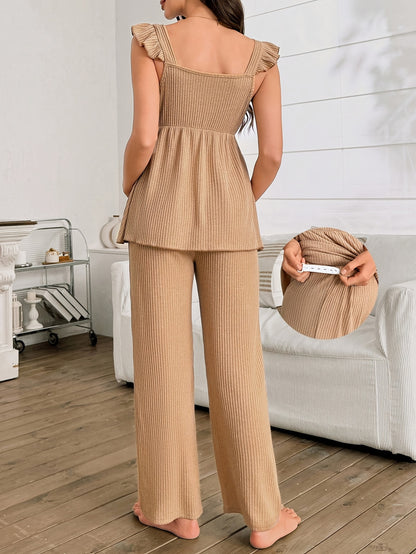 Ensemble de pyjama en tricot pour femmes enceintes 2 pièces | Haut à bretelles spaghetti à volants et pantalon long, coupe ample, couleur unie