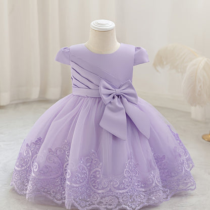 Nouvelle robe de 1er anniversaire avec nœud, jupe de princesse florale, tutu en tulle et maille pour enfants, robe de scène de piano pour filles, robe de princesse en maille brodée 3D