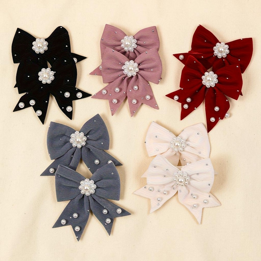 Lot de 10 barrettes nœuds Le Cocon d'Or en tissu avec perles élégantes en noir, rose, rouge, gris et blanc