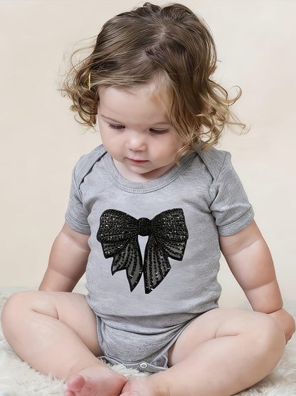 1 pièce Grenouillère bébé "Nœud à paillettes glamour", Barboteuse en coton, Combinaison bébé douillette, Coton respirant, Fermeture à boutons-pression, Vêtement essentiel pour nouveaux parents, Idéal comme cadeau d'anniversaire en plein air, Parfait pour