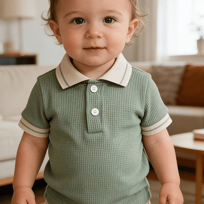 T-shirt polo bébé garçon tendance décontracté, polyvalent, col gaufré classique boutonné, semi-ouvert