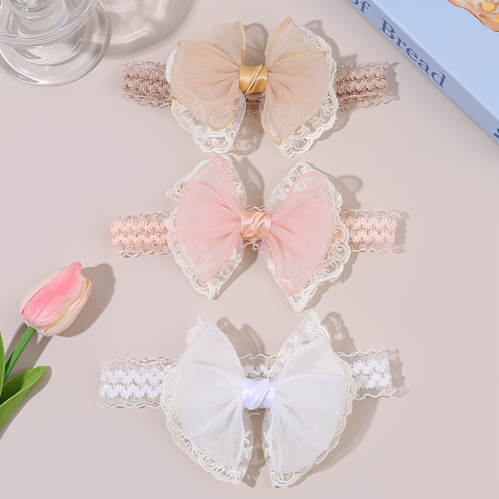 Ensemble de 3 bandeaux à nœud en dentelle douce, bandeaux à cheveux en maille avec bordure en dentelle, bandeau doux en tissu, bande élastique en rose nude et blanc pour fêtes d'anniversaire, sorties décontractées