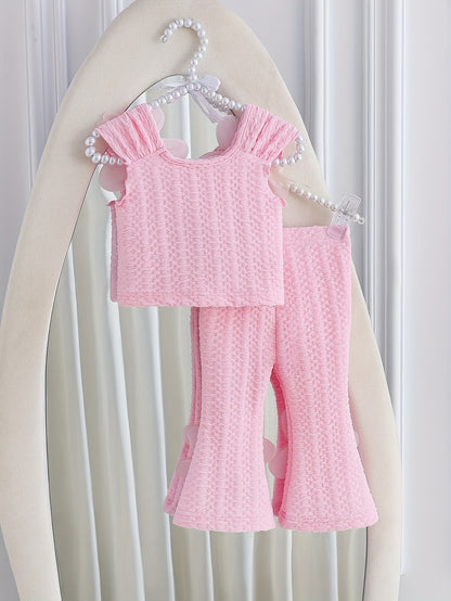 Ensemble de pantalon long pour fille pour la rentrée scolaire, style été, appliqué beige-abricot avec taille élastique des deux côtés et haut à col rond + pantalon long évasé et coupe ajustée de couleur assortie, ensemble 2 pièces en tissu spécial sportif