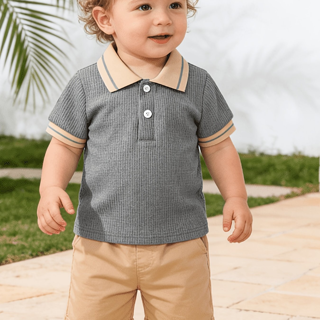T-shirt polo bébé garçon tendance décontracté, polyvalent, col gaufré classique boutonné, semi-ouvert