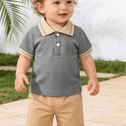 T-shirt polo bébé garçon tendance décontracté, polyvalent, col gaufré classique boutonné, semi-ouvert