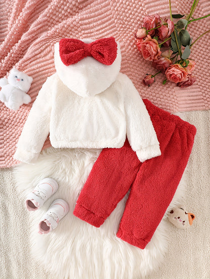 Ensemble 2 pièces tendance automne-hiver pour bébé fille : haut en peluche à capuche brodé avec motif chat et nœud 3D, et pantalon long contrasté, idéal pour les activités de plein air, le quotidien, cadeau parfait pour les nouveau-nées.