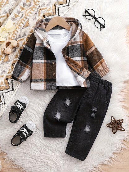 2 pièces Haut à Capuche à Carreaux à Manches Longues pour Garçons + Pantalon en Jean, Ensemble Décontracté Deux Pièces Hoodie à Carreaux et Jeans pour Bébés Garçons, Idéal pour Fêtes, Cadeaux et Sorties Quotidiennes, Parfait pour l'Extérieur
