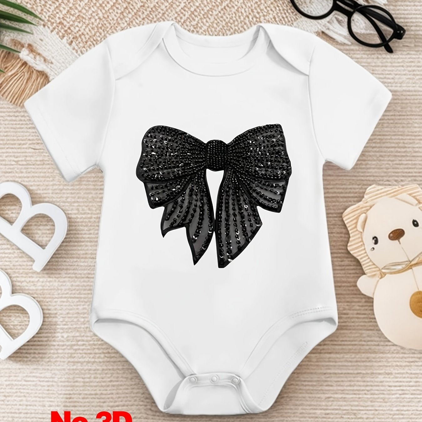 1 pièce Grenouillère bébé "Nœud à paillettes glamour", Barboteuse en coton, Combinaison bébé douillette, Coton respirant, Fermeture à boutons-pression, Vêtement essentiel pour nouveaux parents, Idéal comme cadeau d'anniversaire en plein air, Parfait pour