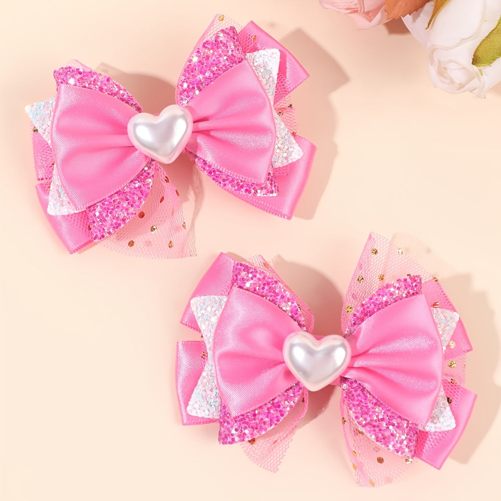 2 pièces Élégants Barrettes à Nœud Cœur pour la Saint-Valentin, Mini Barrettes à Nœud Cœur Décorées, Accessoires à Nœud Pailletés pour Princesse, Cadeaux pour Filles, Saint-Valentin