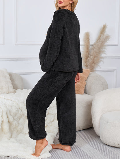 Ensemble de détente en peluche deux pièces pour femmes enceintes, comprenant un haut à manches longues de couleur unie et un pantalon avec broderie 'Sleep'