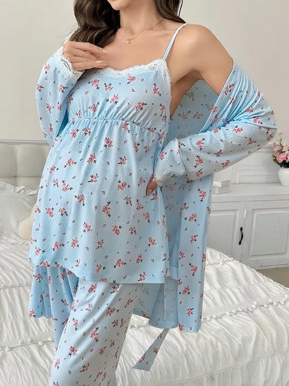 Ensemble Pyjama Maternité 3 Pièces avec Débardeur Dentelle Contrastée, Pantalon et Peignoir pour Femmes Enceintes