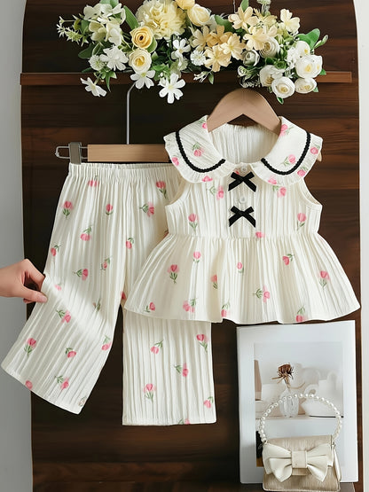 Ensemble 2 pièces pour petites filles, haut sans manches à col Peter Pan avec volants + pantalon large à texture, tenue décontractée d'été, ensemble de pantalons longs à la mode et ludiques pour filles, convient pour les sorties, les séances photo et les