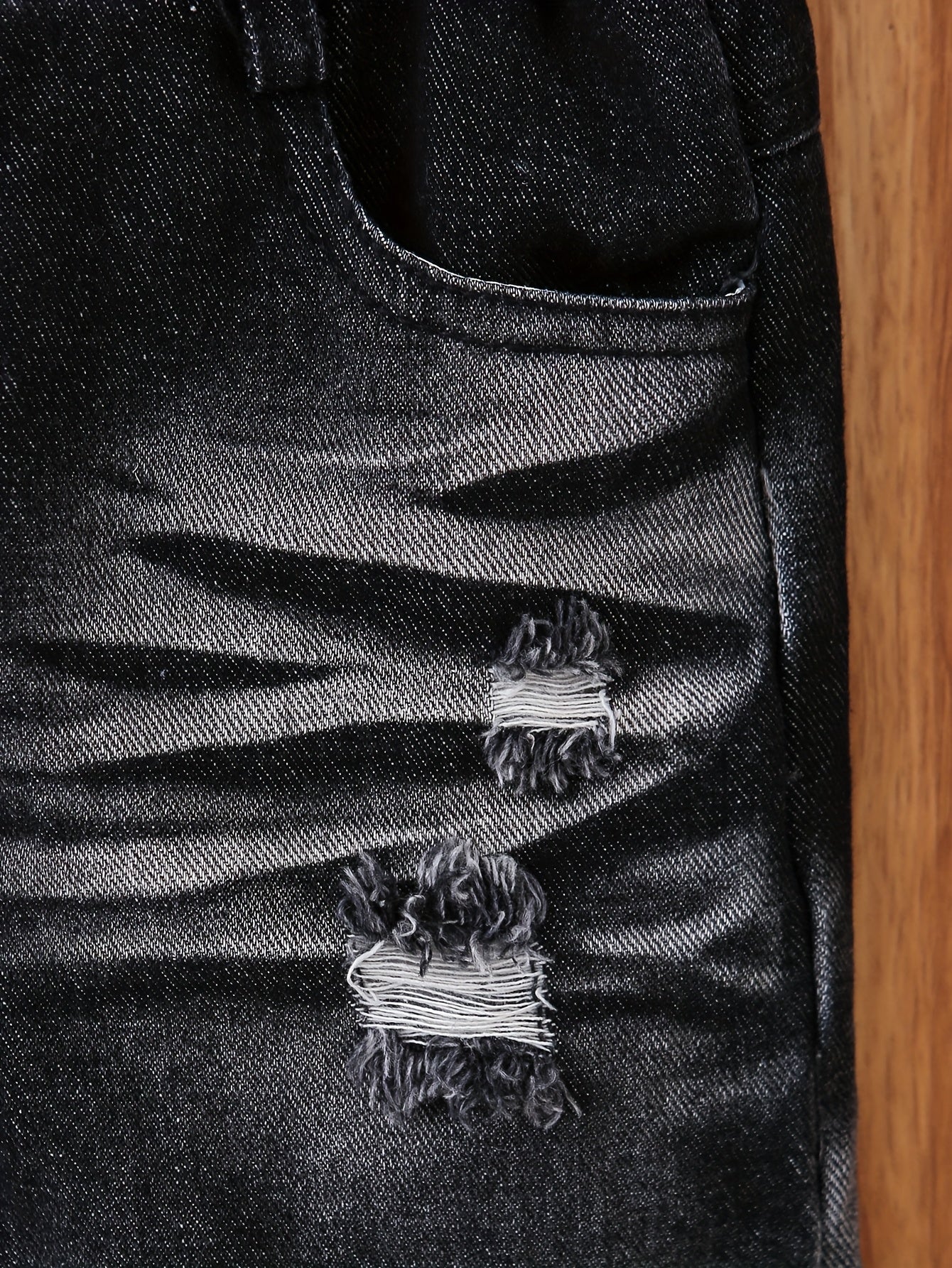 Pantalon garçon noir et gris dégradé aspect denim usé avec ceinture élastique - Pantalon décontracté ample, tissu non extensible, confort toutes saisons, poches