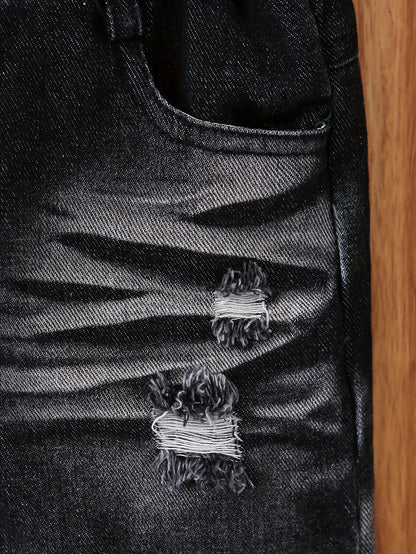 Pantalon garçon noir et gris dégradé aspect denim usé avec ceinture élastique - Pantalon décontracté ample, tissu non extensible, confort toutes saisons, poches