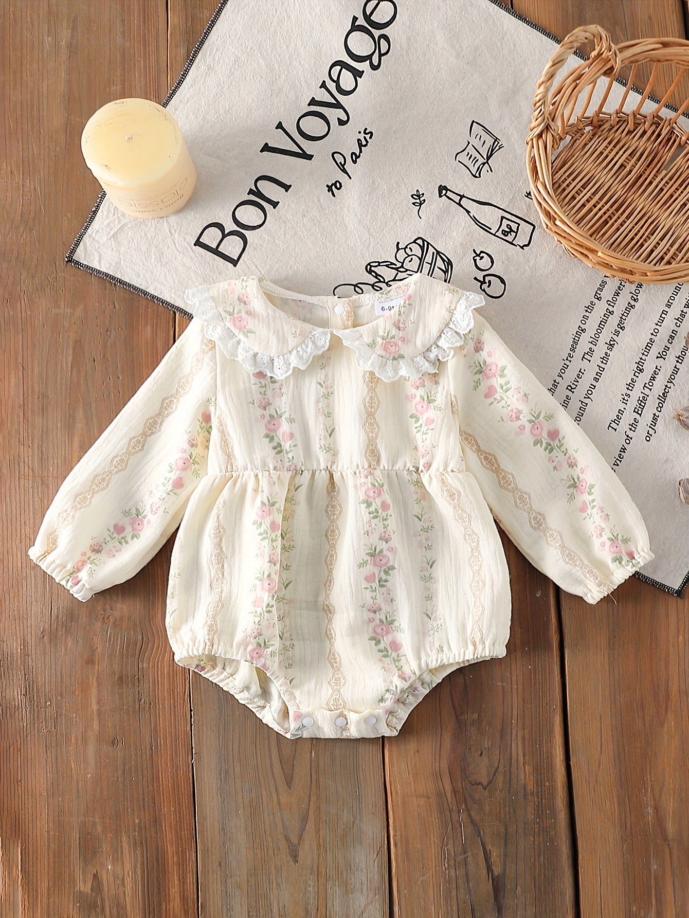 Bébé fille, mignon imprimé floral à manches longues avec col et taille à volants - Tissu tissé respirant doux, design rose clair et blanc, parfait pour le printemps et l'automne, tenue bébé fille, vêtements d'automne pour bébé, vêtements élégants pour béb