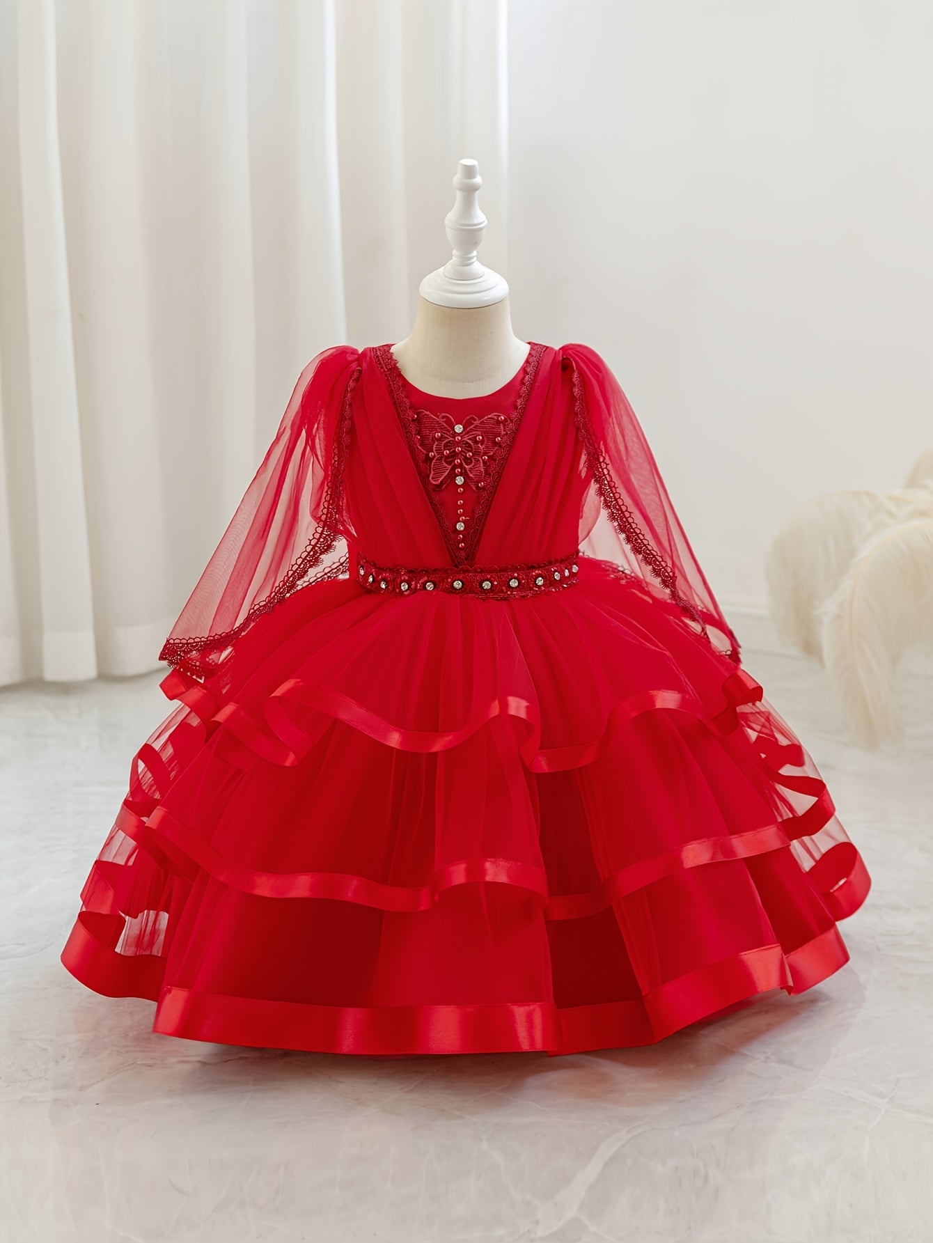 Nouvelle robe pour fille pour la rentrée scolaire et la saison des mariages, robe de princesse pour fille, pour animatrice/artiste avec châle, décoration nœud en strass, robe de style créateur de niche pour anniversaires, Noël, Halloween