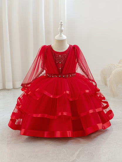 Nouvelle robe pour fille pour la rentrée scolaire et la saison des mariages, robe de princesse pour fille, pour animatrice/artiste avec châle, décoration nœud en strass, robe de style créateur de niche pour anniversaires, Noël, Halloween