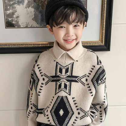 Pull à col montant pour garçons, style rétro décontracté, motif géométrique, épais, d'automne et d'hiver, vêtement d'extérieur