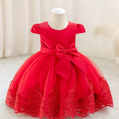 Nouvelle robe de 1er anniversaire avec nœud, jupe de princesse florale, tutu en tulle et maille pour enfants, robe de scène de piano pour filles, robe de princesse en maille brodée 3D
