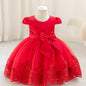 Nouvelle robe de 1er anniversaire avec nœud, jupe de princesse florale, tutu en tulle et maille pour enfants, robe de scène de piano pour filles, robe de princesse en maille brodée 3D