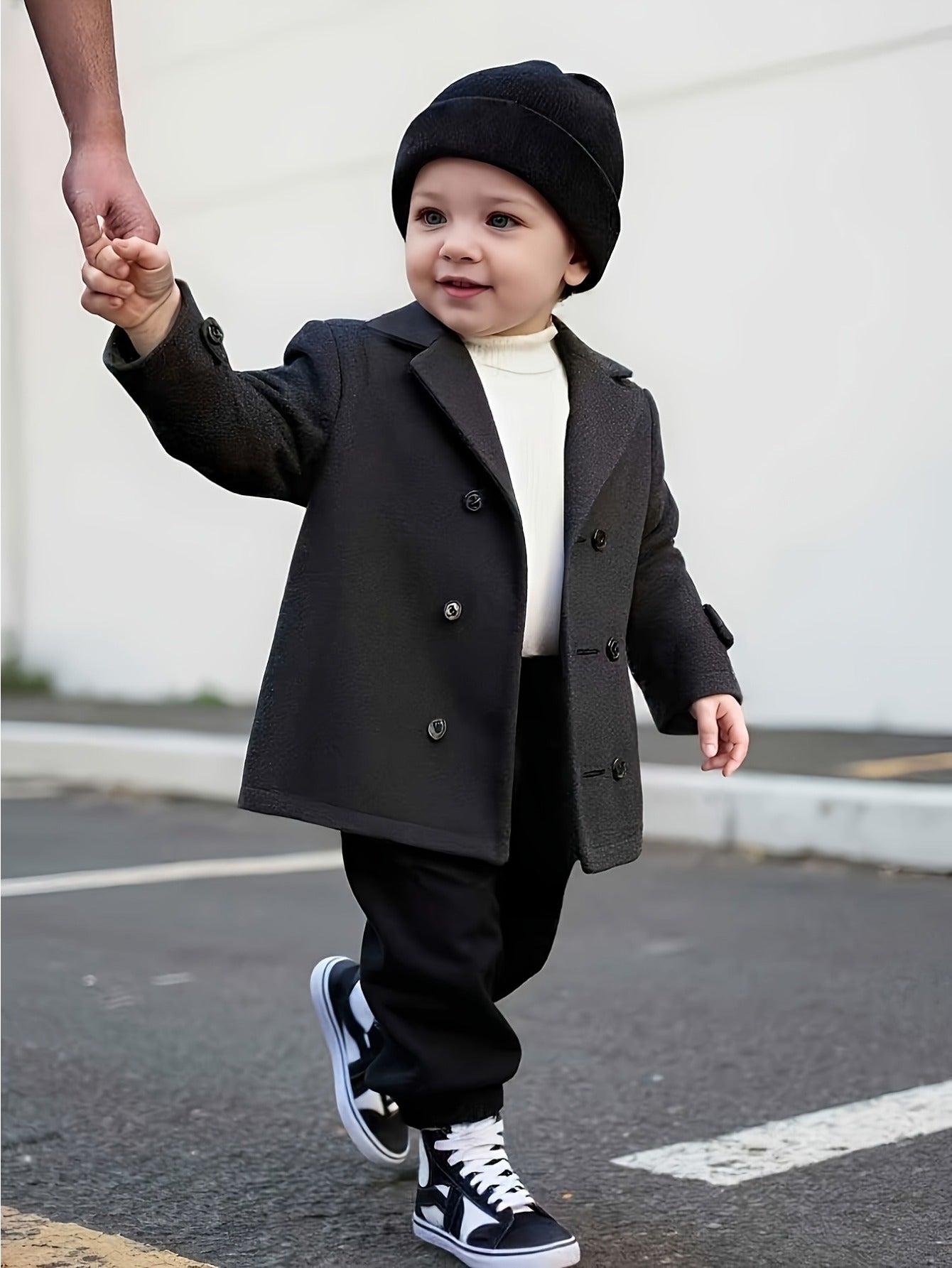 Manteau d'automne/hiver élégant en tweed à double boutonnage et revers en dents-de-cheval à coupe ample pour garçon, vêtement d'extérieur chaud et polyvalent pour le premier anniversaire de bébé