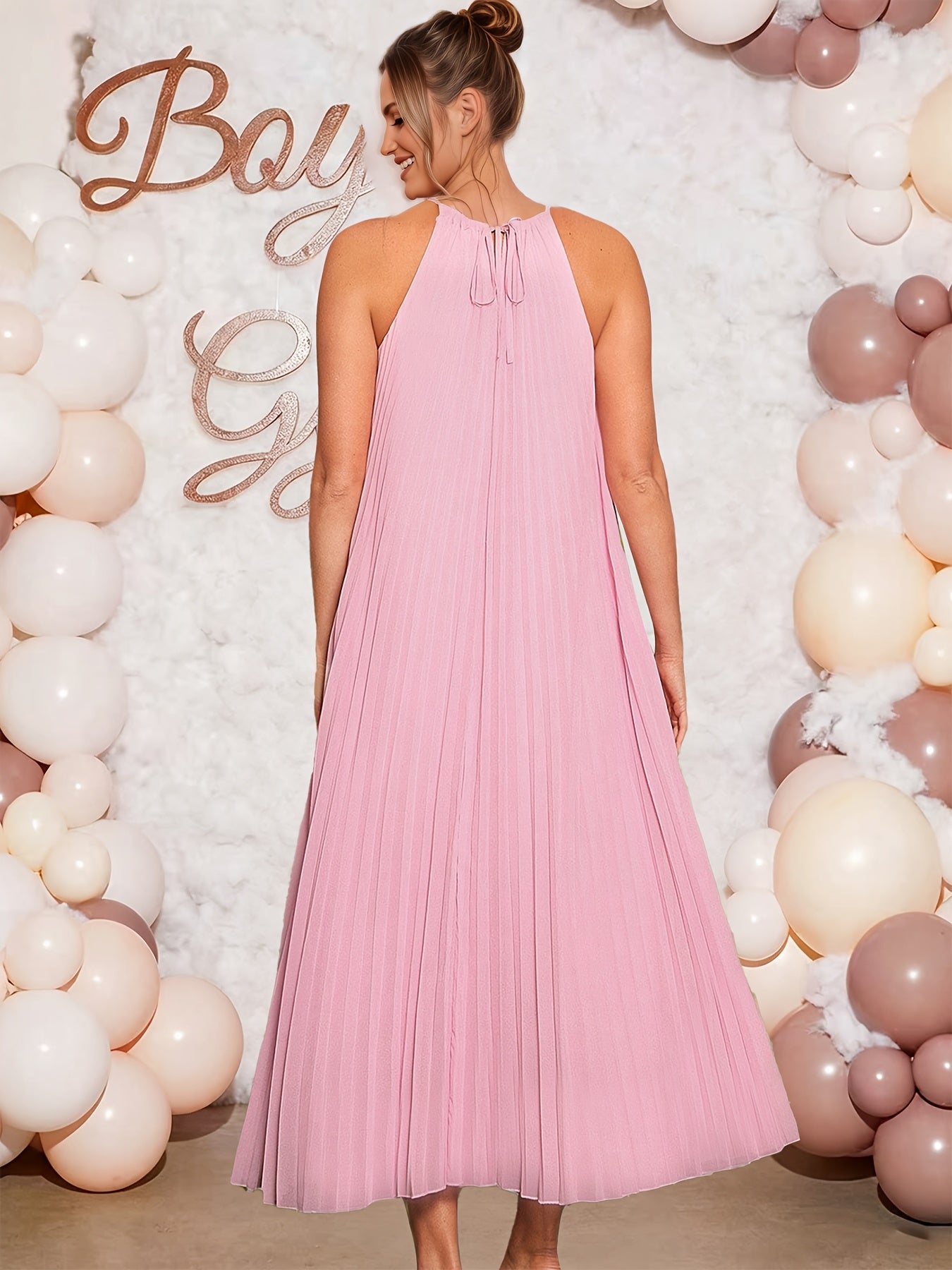Robe longue maxi plissée à camisole de maternité avec embellissements floraux roses, robe longue fluide sans manches en A, adaptée aux baptêmes, séances photo et vêtements de grossesse