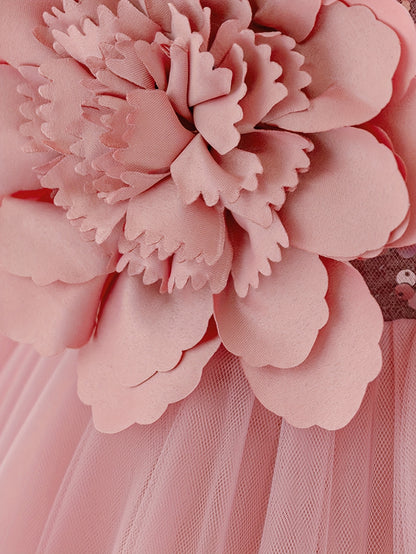 Robe de princesse étincelante pour bébés filles, avec des manches à volants et des décorations florales tridimensionnelles élégantes, parfaite pour les fêtes d'anniversaire et les réunions