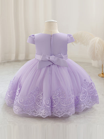 Nouvelle robe de 1er anniversaire avec nœud, jupe de princesse florale, tutu en tulle et maille pour enfants, robe de scène de piano pour filles, robe de princesse en maille brodée 3D
