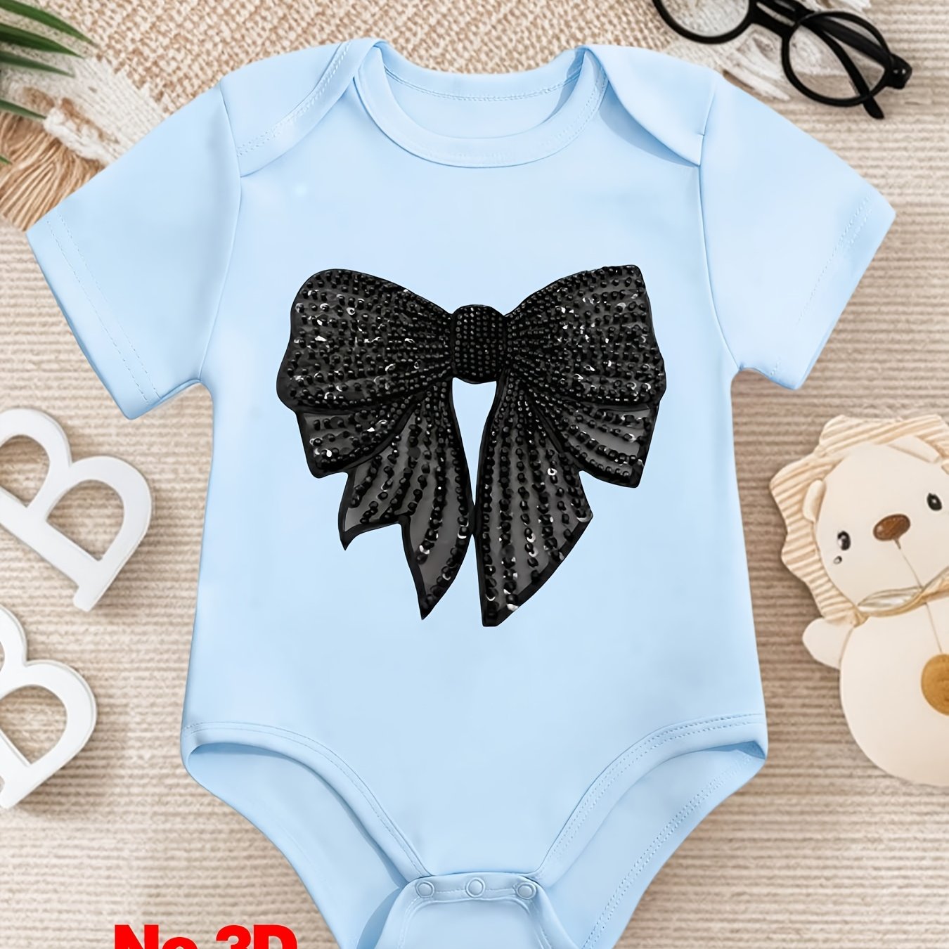 1 pièce Grenouillère bébé "Nœud à paillettes glamour", Barboteuse en coton, Combinaison bébé douillette, Coton respirant, Fermeture à boutons-pression, Vêtement essentiel pour nouveaux parents, Idéal comme cadeau d'anniversaire en plein air, Parfait pour