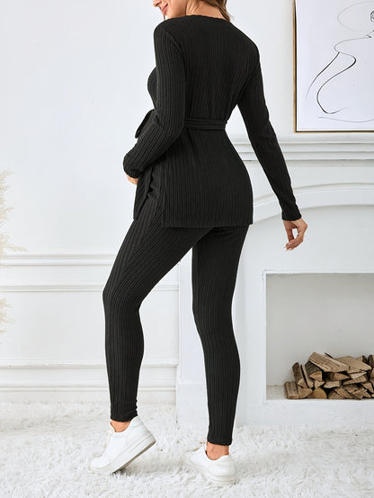 Ensemble T-Shirt à Manches Longues et Pantalon Côtelé avec Fente pour Femmes Enceintes, Couleur Unie