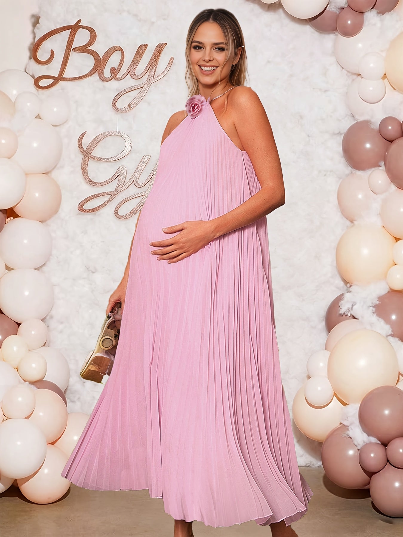 Robe longue maxi plissée à camisole de maternité avec embellissements floraux roses, robe longue fluide sans manches en A, adaptée aux baptêmes, séances photo et vêtements de grossesse