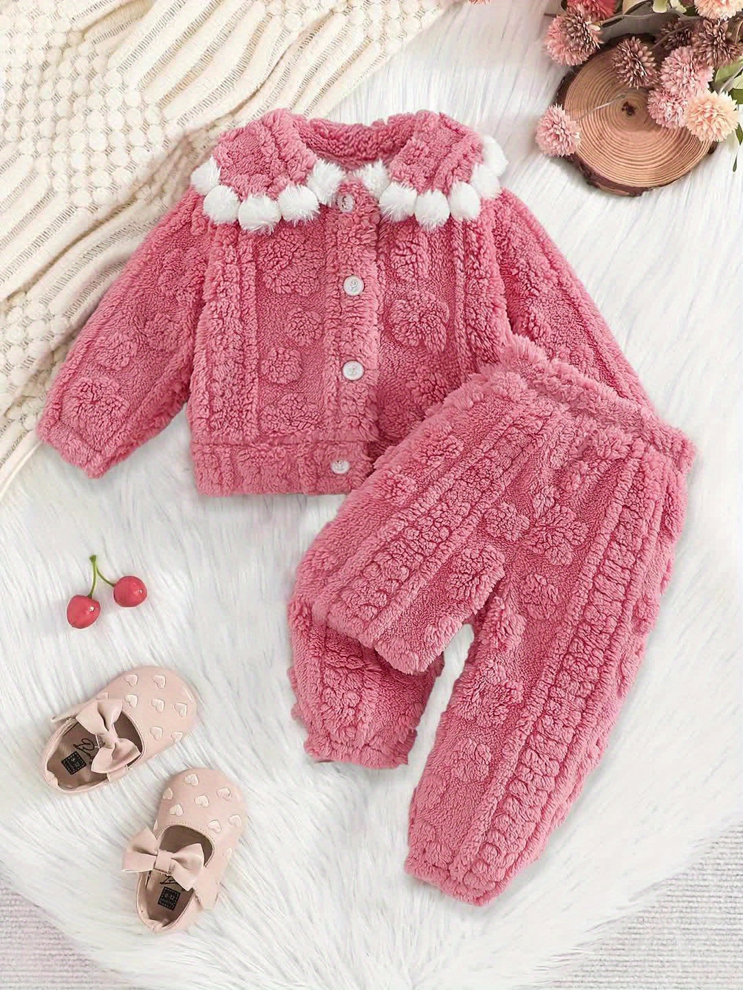 Ensemble deux pièces pour bébé fille automne/hiver, comprenant un haut à col perlé et un pantalon rose doux et mignon en maille à l'aiguille, tissage délicat, mignon et confortable pour une bébé adorable, conception épaissie pour une super chaleur, idéal