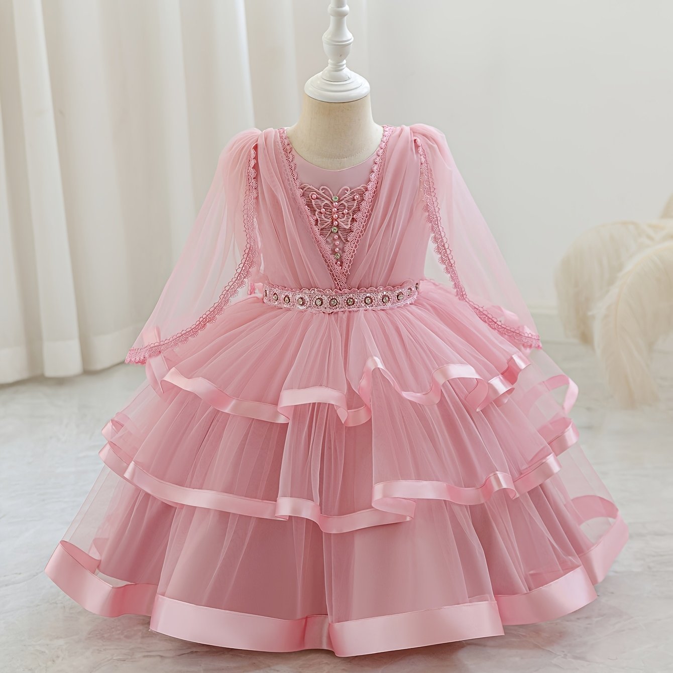 Nouvelle robe pour fille pour la rentrée scolaire et la saison des mariages, robe de princesse pour fille, pour animatrice/artiste avec châle, décoration nœud en strass, robe de style créateur de niche pour anniversaires, Noël, Halloween
