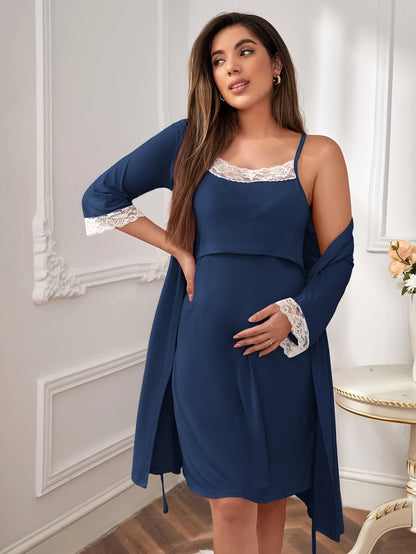 Pyjama de maternité  à dentelle, ensemble de 2 robes, chemise de nuit d'allaitement, tenue adaptée à l'allaitement, vêtement de maternité de printemps