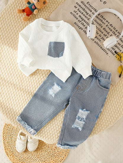 2 pièces Ensemble Denim Fille avec Haut Orné, Tissu à Poches Denim, Jeans Déchirés, Style Décontracté pour Tenue Casual, Idéal pour l'Extérieur