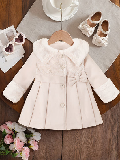 Tenue de la Saint-Valentin pour Fille, Cardigan à Revers en Peluche Irrégulière pour Fille Automne/Hiver avec Patchwork en Fausse Fourrure, Nœud en Mélange, Veste Cardigan à Boutons. Convient pour les Sorties, les Cadeaux, les Vêtements de la Rentrée Scol