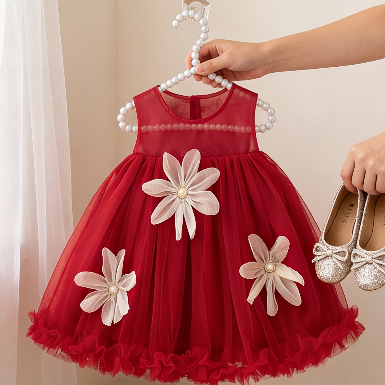 Nouvelle robe élégante pour bébés filles, avec une jupe bouffante parfaite pour la saison des mariages, un nœud papillon à l'arrière et des décorations florales à l'avant, idéale pour les fêtes et les réunions