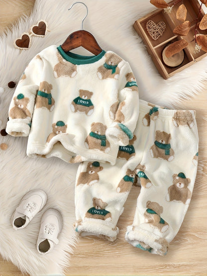 Ensemble 2 pièces : Haut sweatshirt douillet à motif ours pour bébé garçon et tout-petit + Pantalon chaud à taille élastique, Tenue automne/hiver, Pull décontracté sportif pour bébé garçon avec pantalon long chaud, Vêtements d'hiver, Vêtements pour enfant