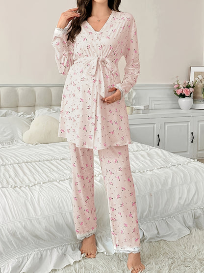 Ensemble Pyjama Maternité 3 Pièces avec Débardeur Dentelle Contrastée, Pantalon et Peignoir pour Femmes Enceintes