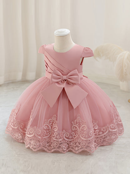Nouvelle robe de 1er anniversaire avec nœud, jupe de princesse florale, tutu en tulle et maille pour enfants, robe de scène de piano pour filles, robe de princesse en maille brodée 3D