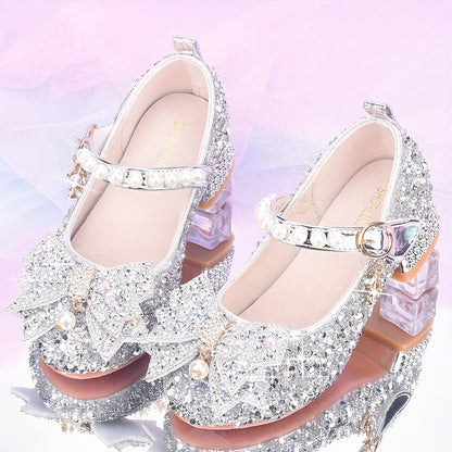 Chaussures de princesse pour filles en argenté, élégantes sur la piste, ballerines cristal pour petites filles, chaussures de robe de demoiselle d'honneur, chaussures de spectacle pour jeunes