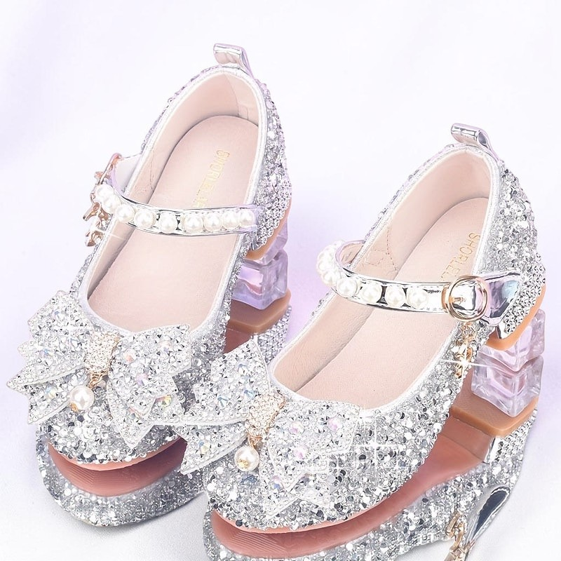 Chaussures de princesse Le Cocon d'Or argentées à paillettes avec nœud, perles et bride à boucle pour fille