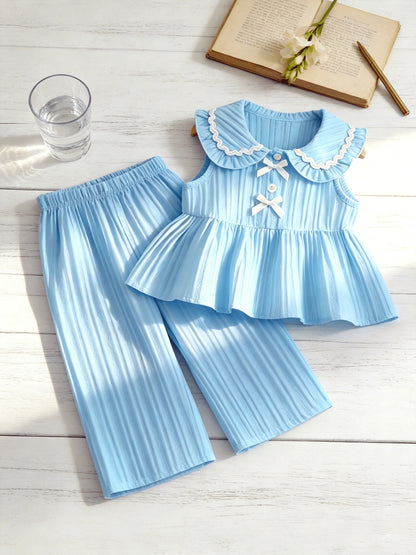 Ensemble 2 pièces pour petites filles, haut sans manches à col Peter Pan avec volants + pantalon large à texture, tenue décontractée d'été, ensemble de pantalons longs à la mode et ludiques pour filles, convient pour les sorties, les séances photo et les