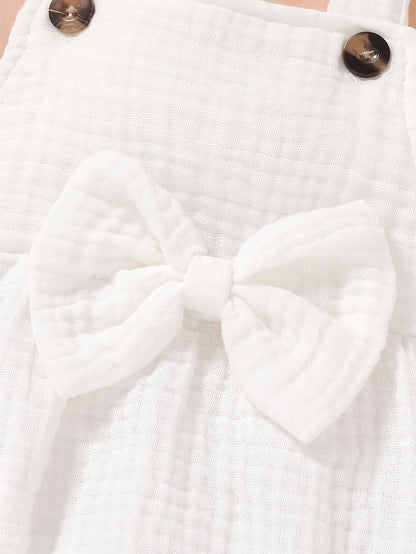 2pcs, Vêtements mignons pour bébés filles, Décontracté, élégant, doux et confortable, Ensemble combinaison et chapeau de couleur unie décoré de nœud, Articles pour bébés, Vêtements pour bébés filles nouveau-nées, Convient pour l'été pour un usage quotidie