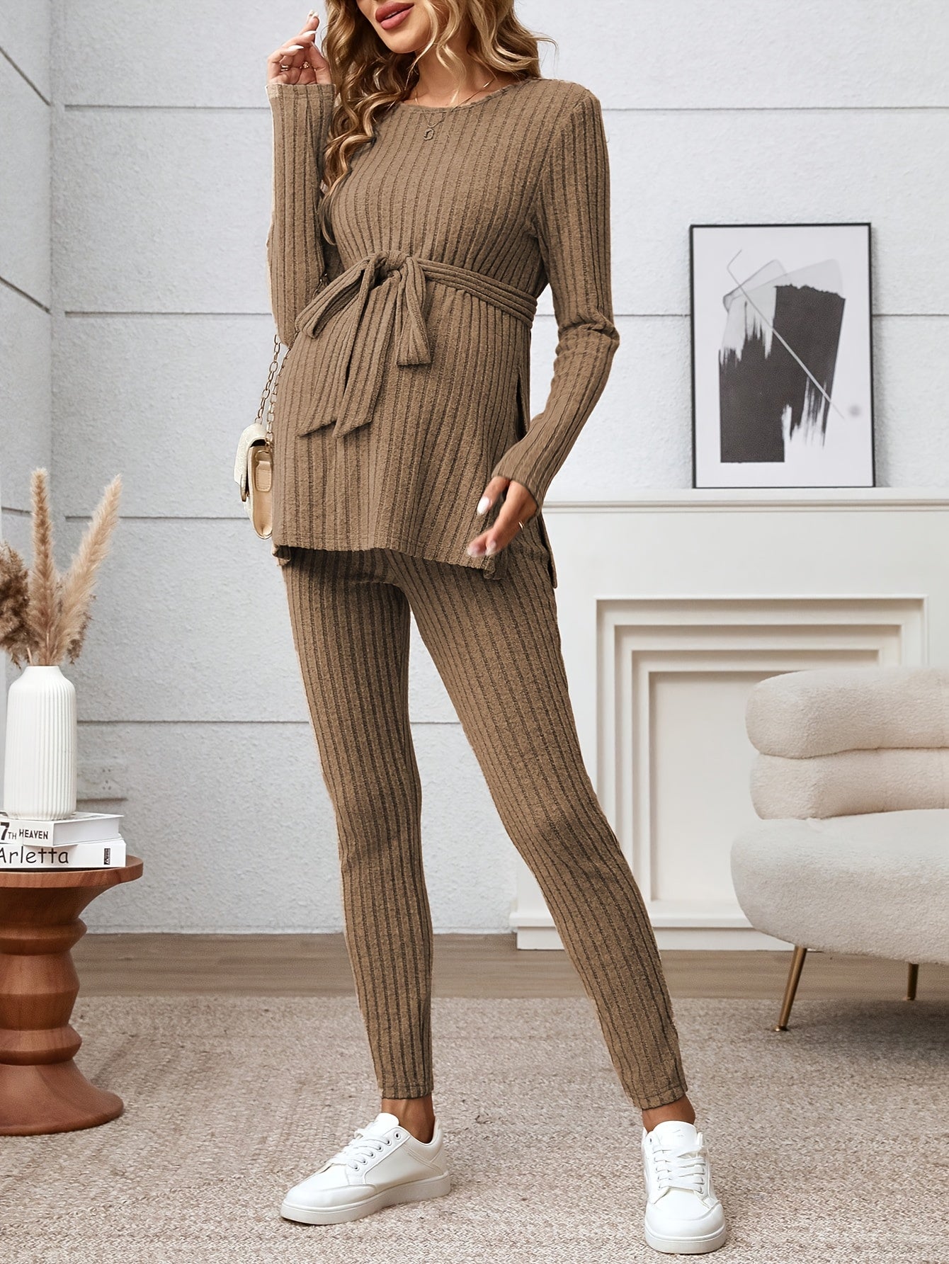 Ensemble T-Shirt à Manches Longues et Pantalon Côtelé avec Fente pour Femmes Enceintes, Couleur Unie