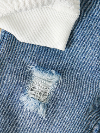 2 pièces Ensemble Denim Fille avec Haut Orné, Tissu à Poches Denim, Jeans Déchirés, Style Décontracté pour Tenue Casual, Idéal pour l'Extérieur